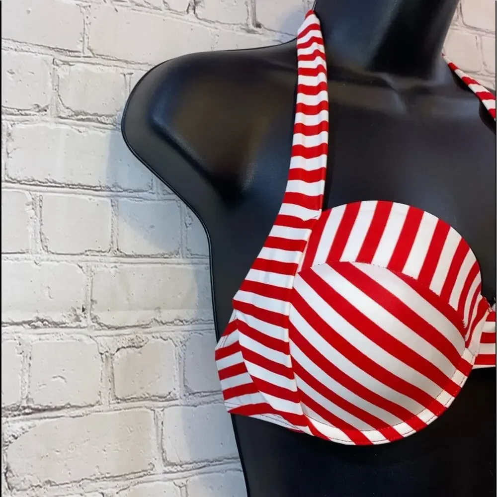 NWT Marilyn‎ Monroe Red & White Striped Push Up Bikini Top